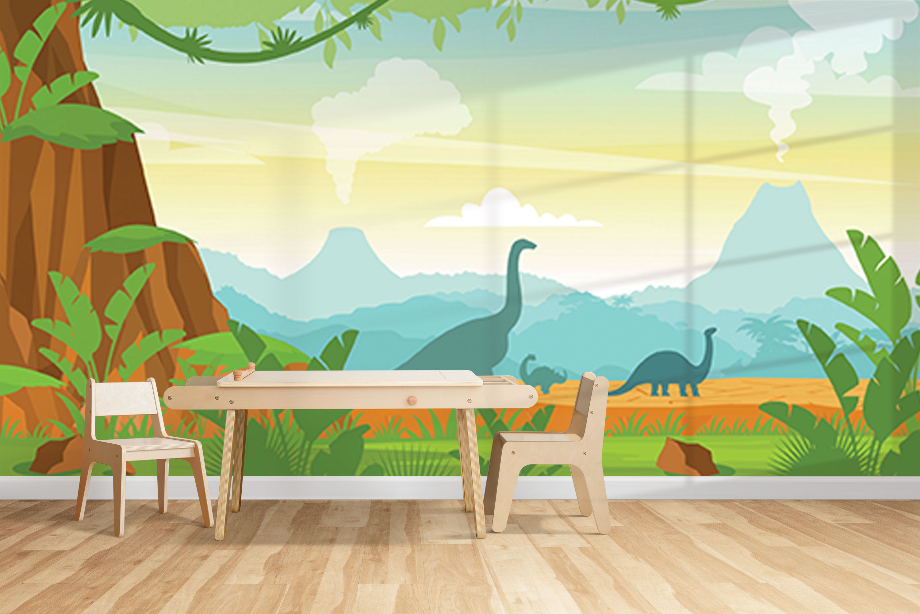 GM0670 Grace & Gardenia Dinosaur Landscape Premium Peel and Stick Mural 206in wide x 112in height, Green Brown Blue Yellow