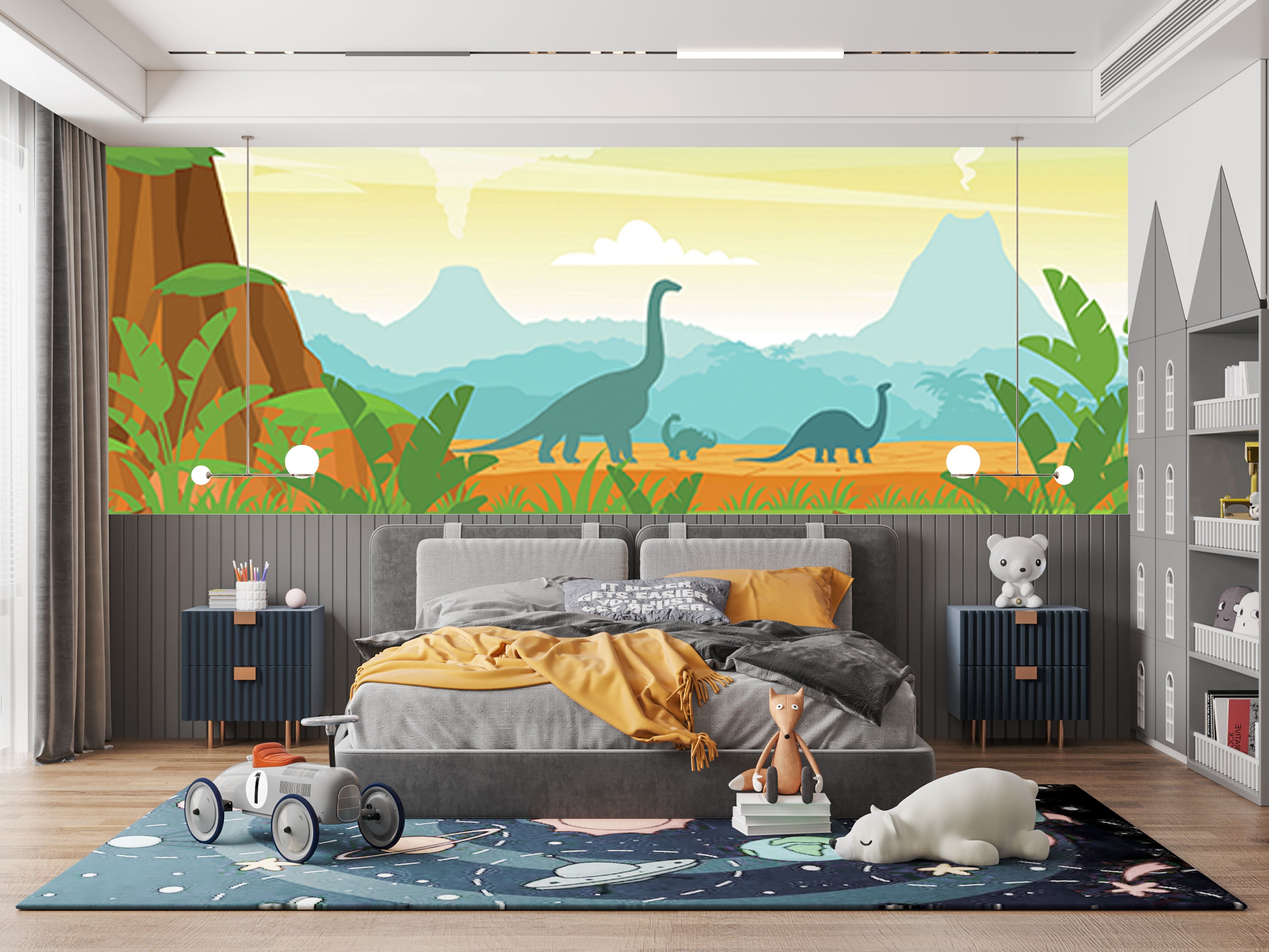 GM0670 Grace & Gardenia Dinosaur Landscape Premium Peel and Stick Mural 206in wide x 112in height, Green Brown Blue Yellow