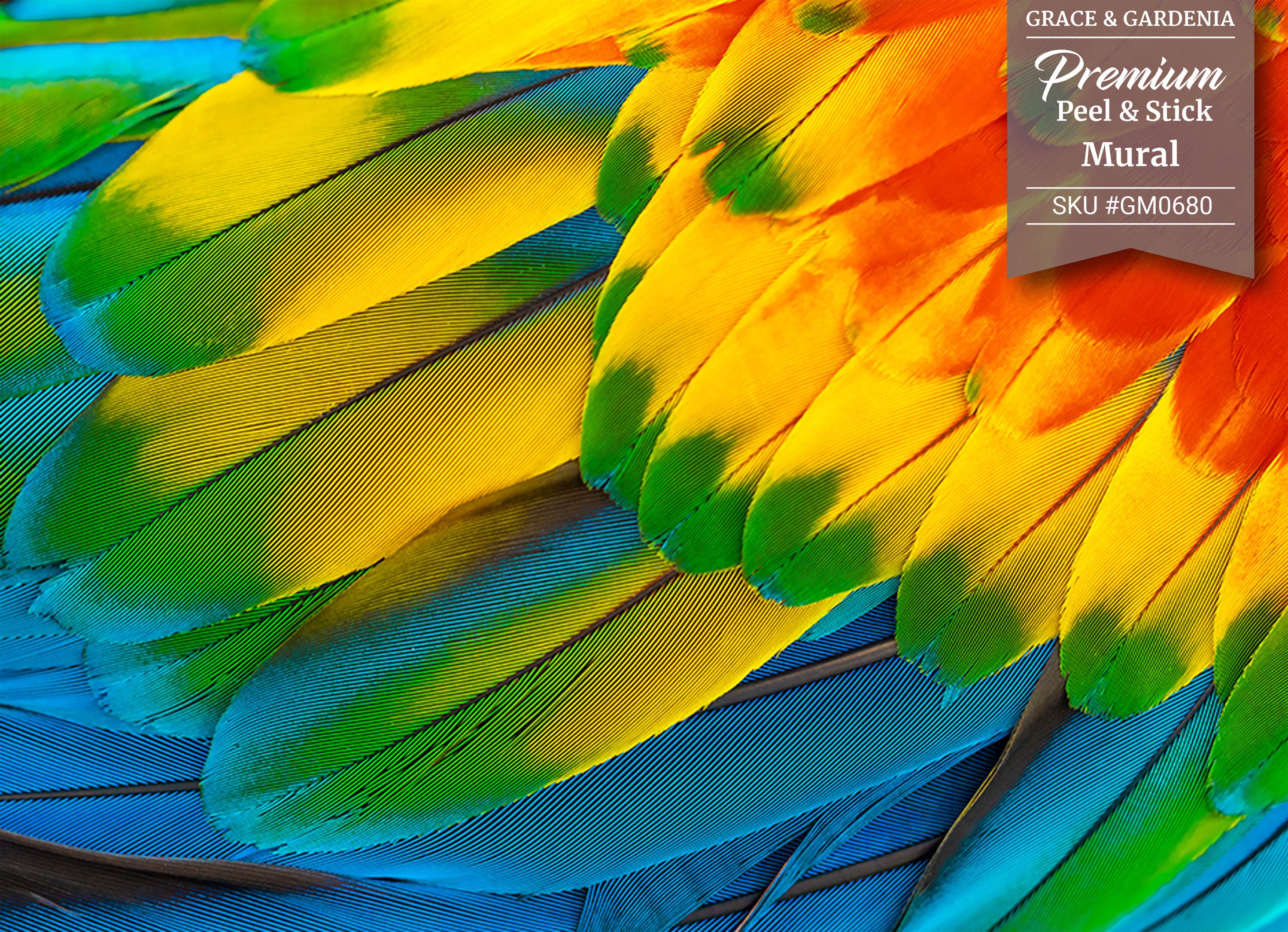 GM0680 Grace & Gardenia Parrot Feathers Premium Peel and Stick Mural 156in wide x 112in height, Blue Yellow Green Red