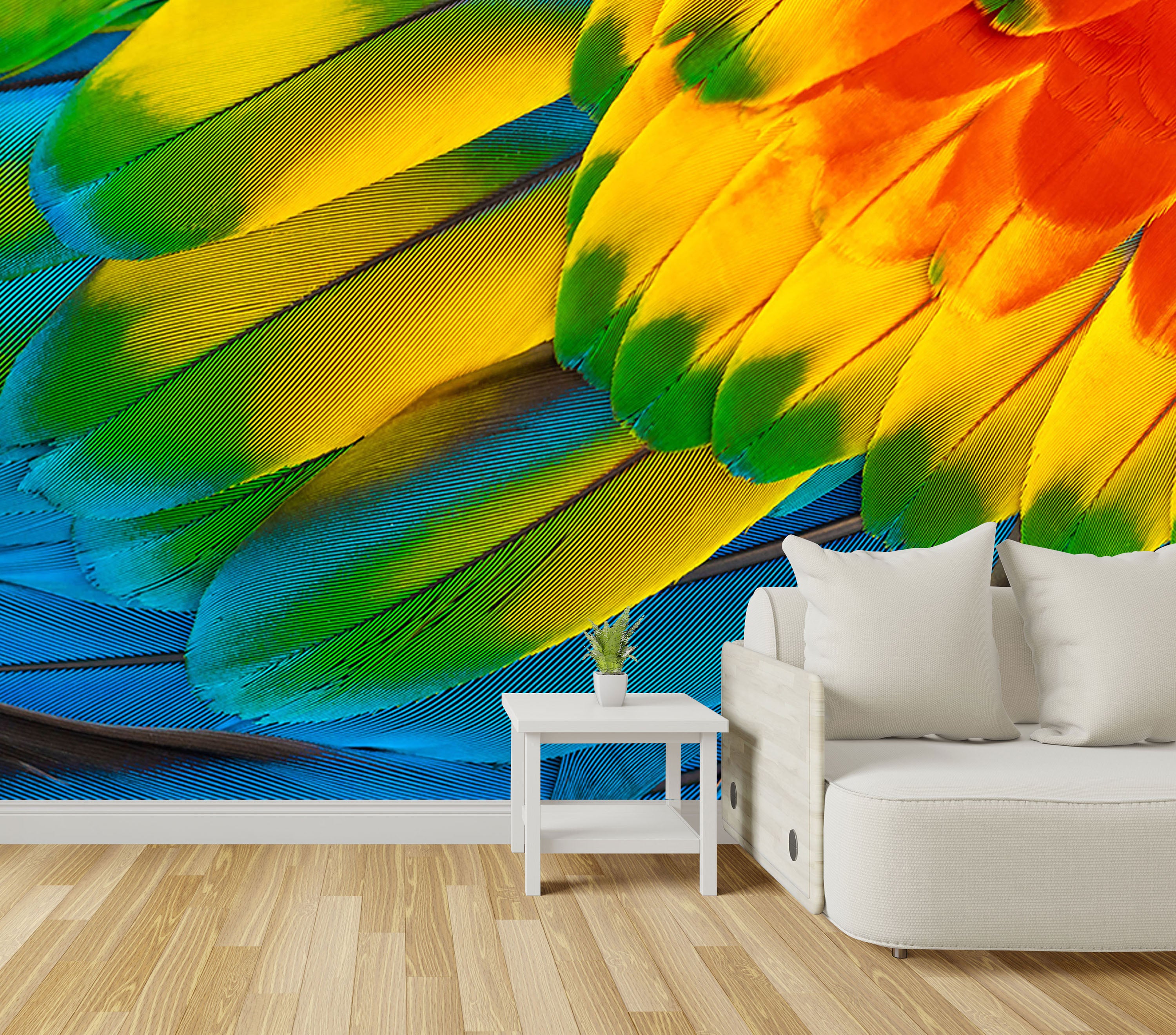 GM0680 Grace & Gardenia Parrot Feathers Premium Peel and Stick Mural 156in wide x 112in height, Blue Yellow Green Red