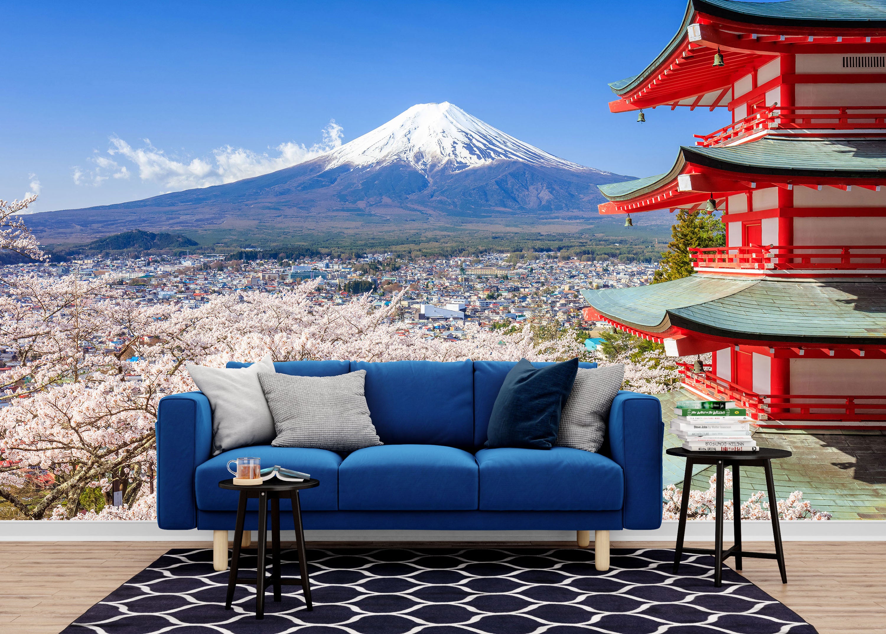 GM0730 Grace & Gardenia Mt. Fuji in the Spring Premium Peel and Stick Mural 156in wide x 112in height, Blue White Red