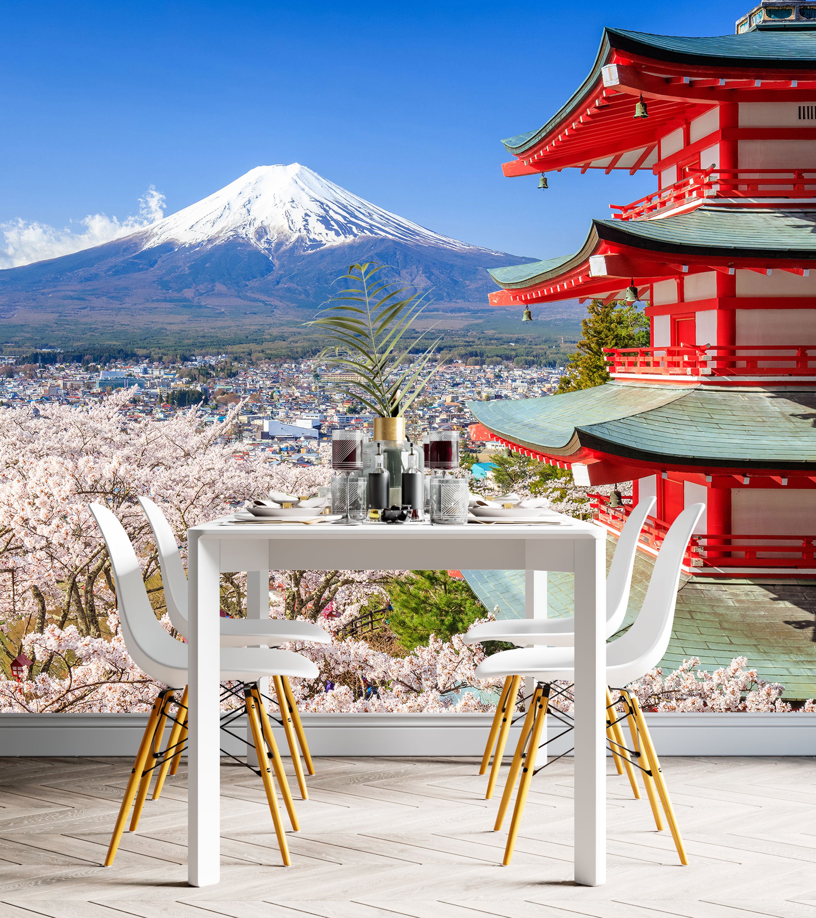 GM0730 Grace & Gardenia Mt. Fuji in the Spring Premium Peel and Stick Mural 156in wide x 112in height, Blue White Red