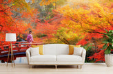 GM0740 Grace & Gardenia Autumn Bridge Japan Premium Peel and Stick Mural 156in wide x 112in height, Orange Red Yellow Green