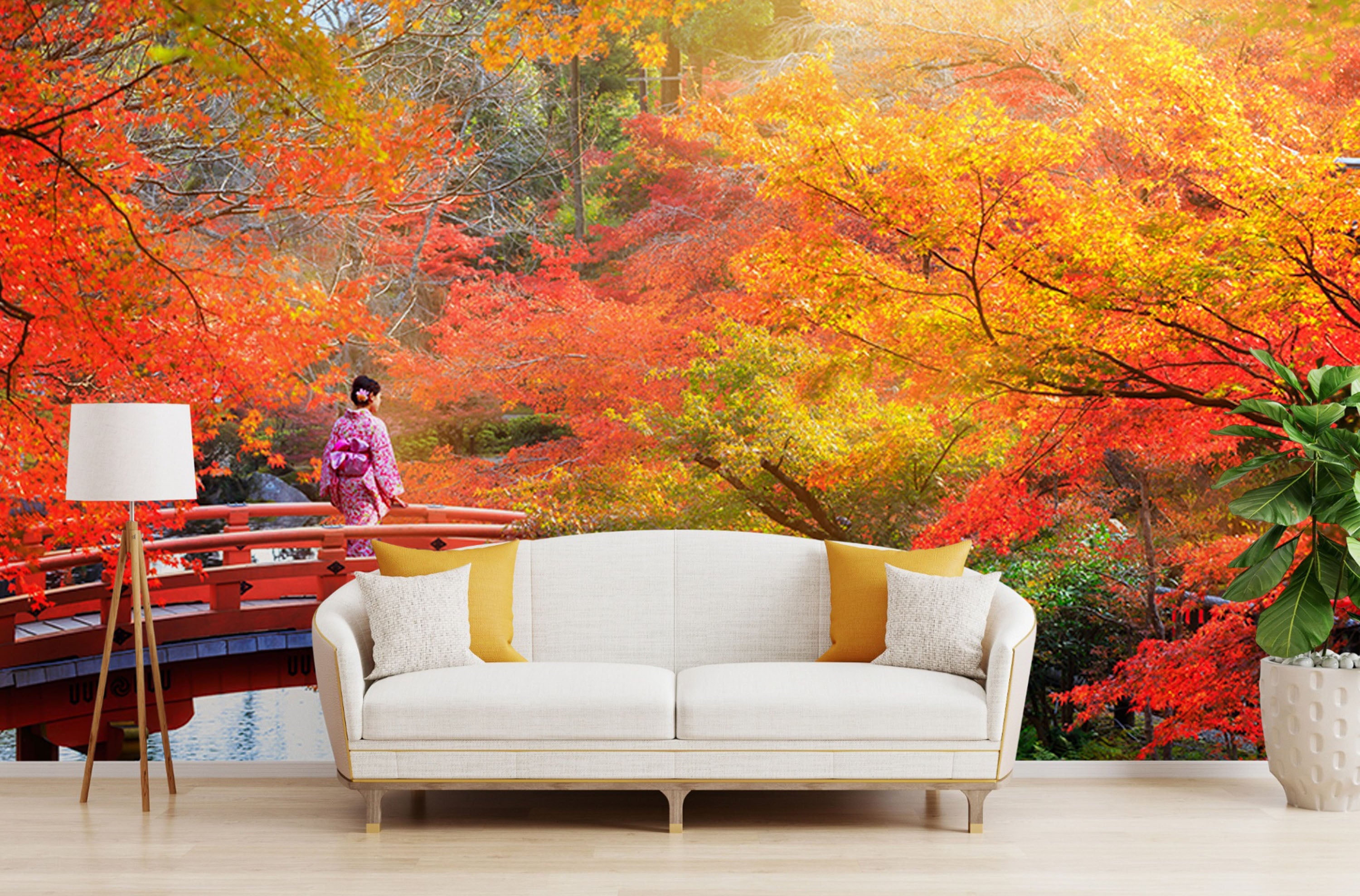 GM0740 Grace & Gardenia Autumn Bridge Japan Premium Peel and Stick Mural 156in wide x 112in height, Orange Red Yellow Green