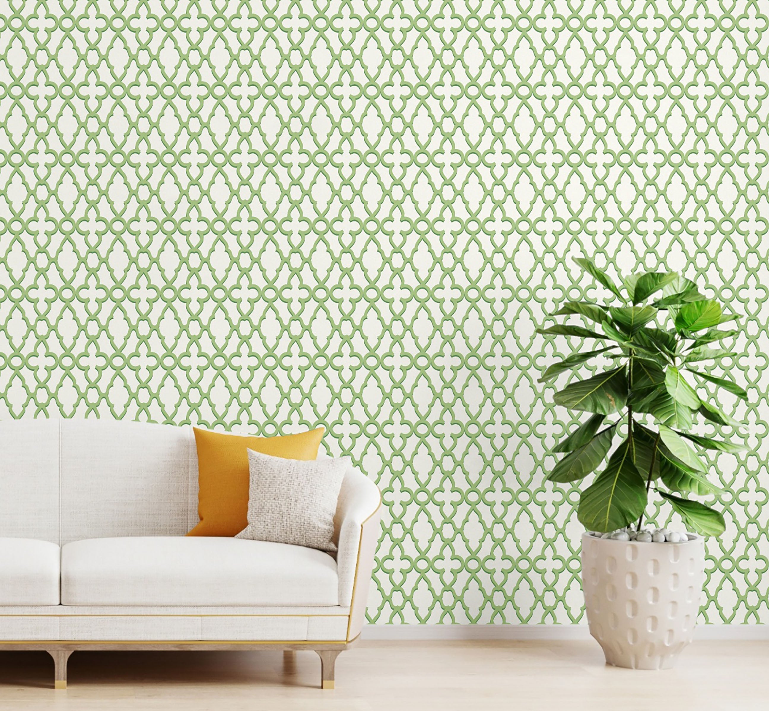 GP0061 Trellis Pattern  Premium Paper Peel and Stick Wallpaper Panel, Green/Cream