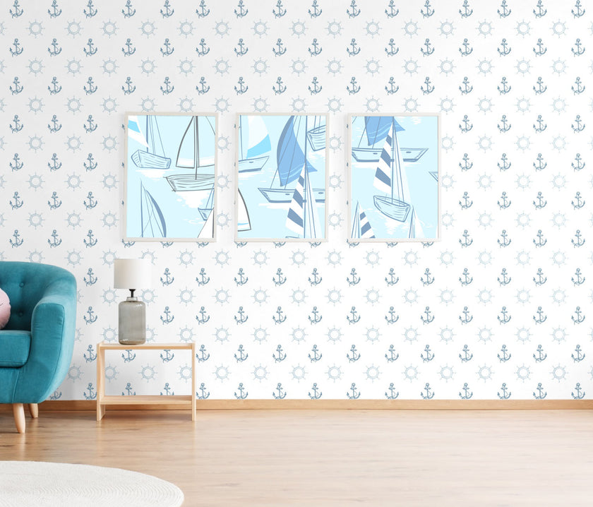 GN1011 Anchors and Wheels Fine Wallpaper Roll size 26 inch Wide x 27 ft. Long, Blue, White
