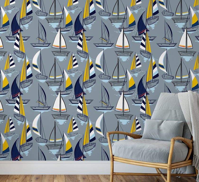 GN1021 Sailboats at Sunset Pattern Fine Wallpaper Roll size 26 inch Wide x 27 ft. Long, Gray/Navy/Yellow