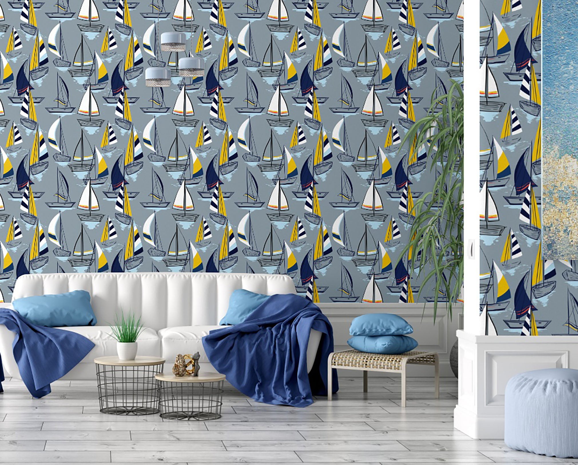 GN1021 Sailboats at Sunset Pattern Fine Wallpaper Roll size 26 inch Wide x 27 ft. Long, Gray/Navy/Yellow