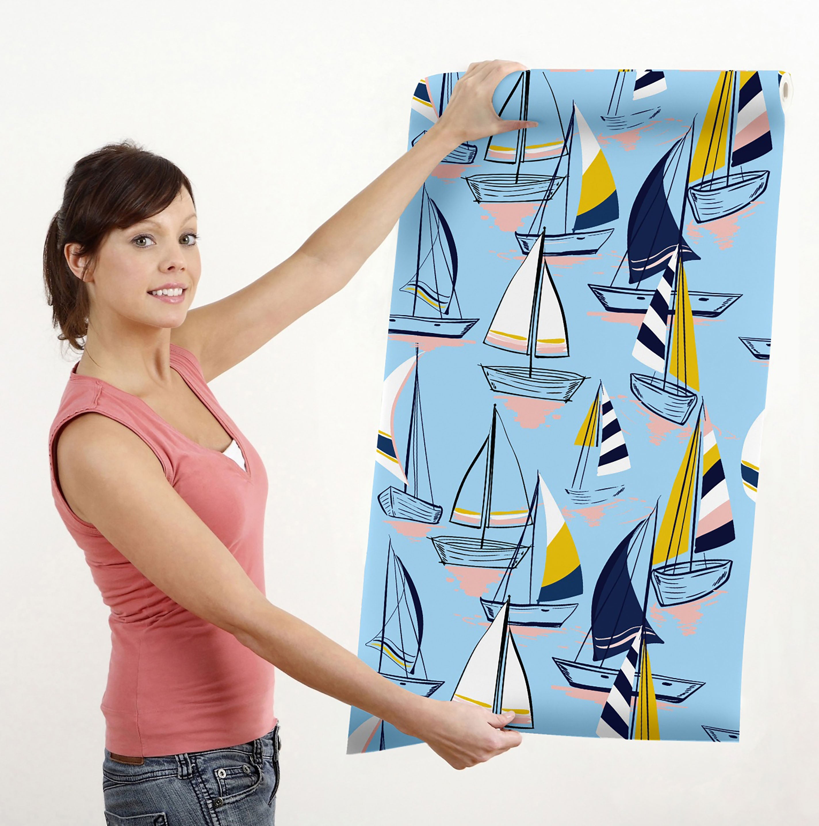 GN1022 Sailboats at Sunset Pattern Fine Wallpaper Roll size 26 inch Wide x 27 ft. Long, Light Blue/Navy/Yellow