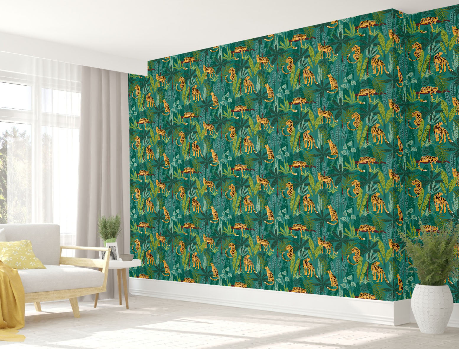 GN2011 Jungle Leopards Fine Wallpaper Roll size 26in. Wide x 27ft. Long, Green, Orange, Yellow