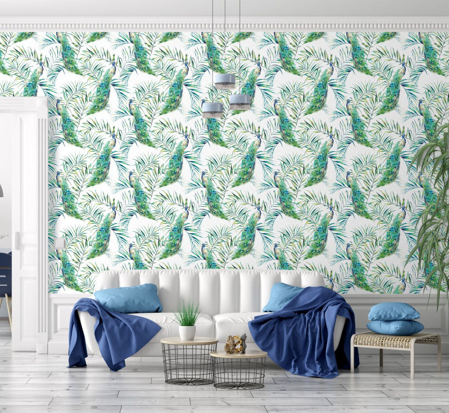 GN2031 Peacock Fine Wallpaper Roll size 26 inch Wide x 27ft. Long, Green, Blue, White