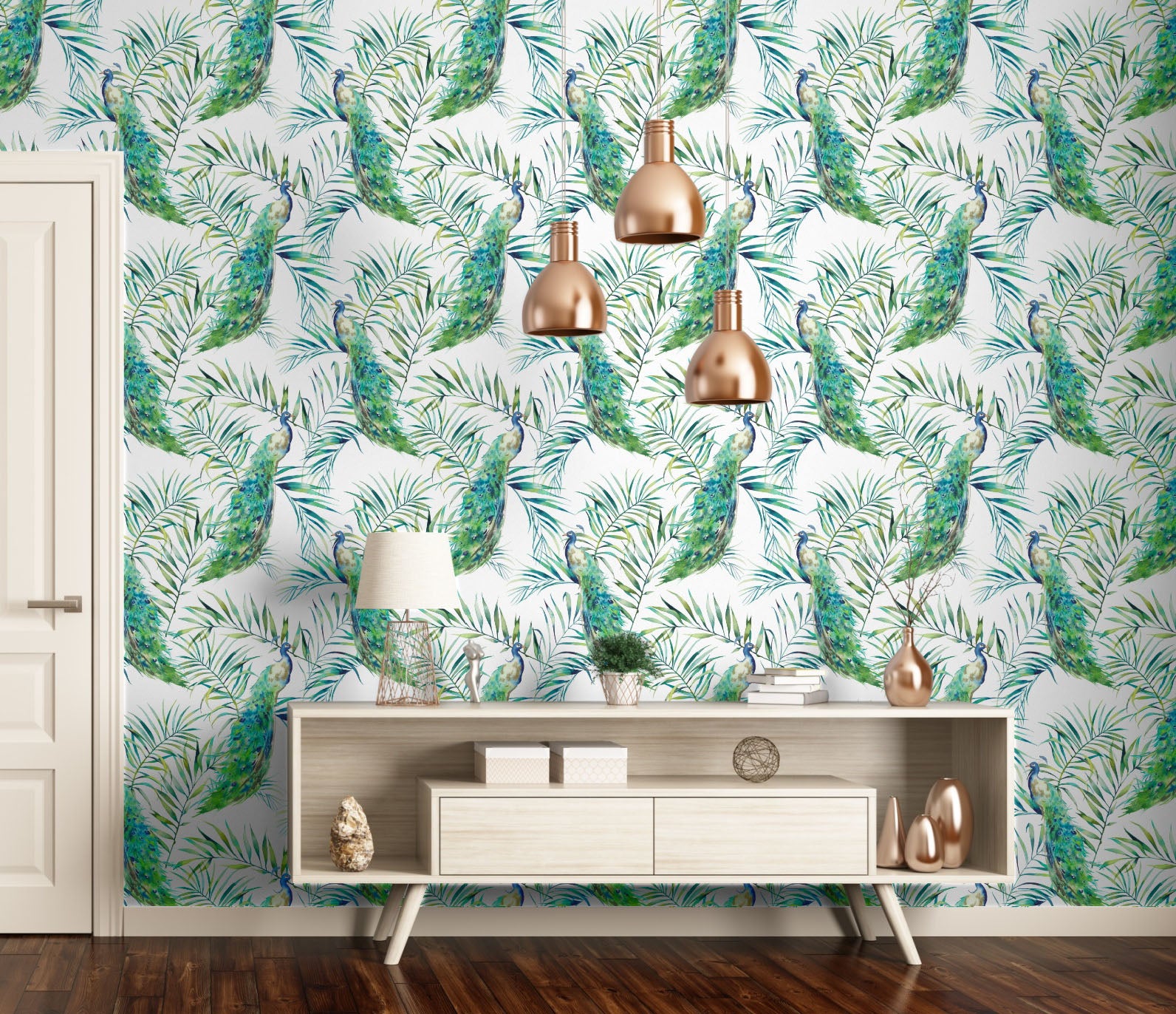 GN2031 Peacock Fine Wallpaper Roll size 26 inch Wide x 27ft. Long, Green, Blue, White