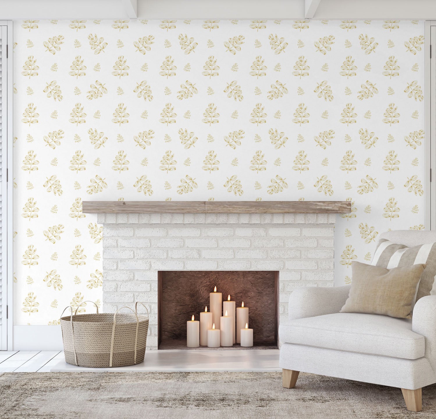 GN5012 Hand Drawn Leaves Fine Wallpaper Roll size 26 inch Wide x 27ft. Long, Mustard, White