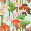 GN5021 Koi and Water Lillies Grace and Gardenia Wallpaper Roll size 26 inch Wide x 27ft. Long, Green/White/Blue