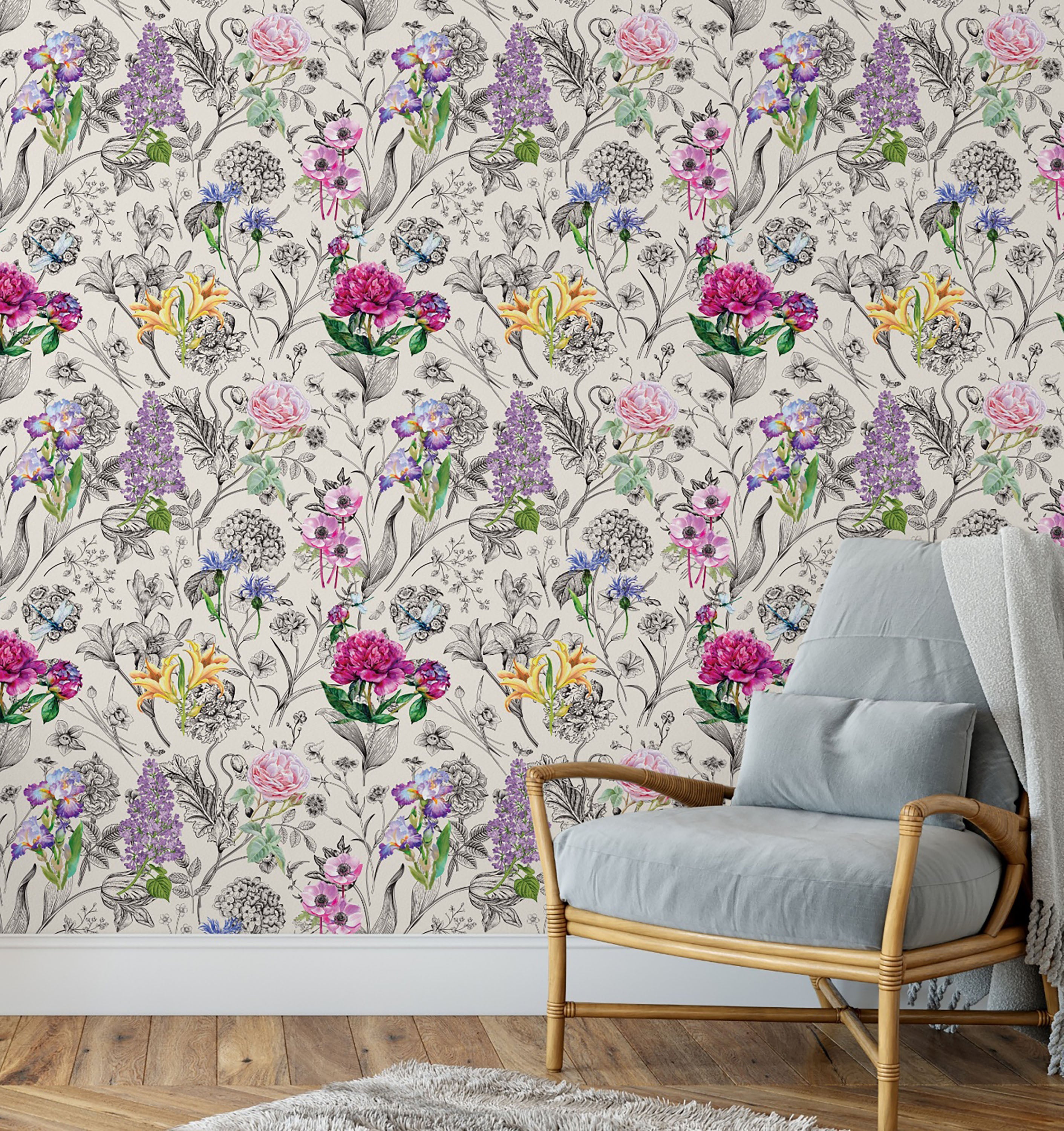 GP5051 Vibrant Flowers on Black and White Premium Paper Peel and Stick Wallpaper Panel, Multicolor