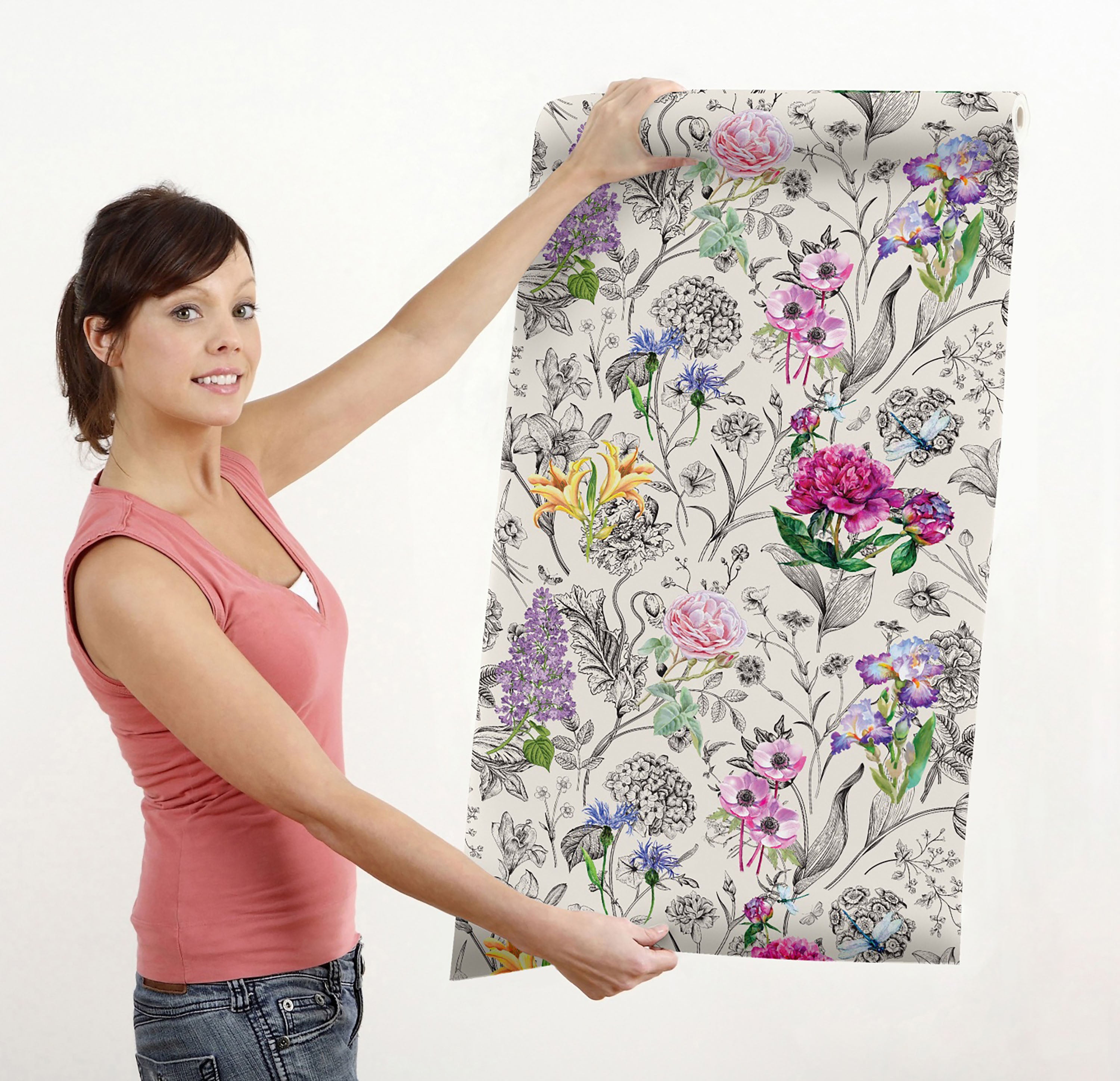 GP5051 Vibrant Flowers on Black and White Premium Paper Peel and Stick Wallpaper Panel, Multicolor