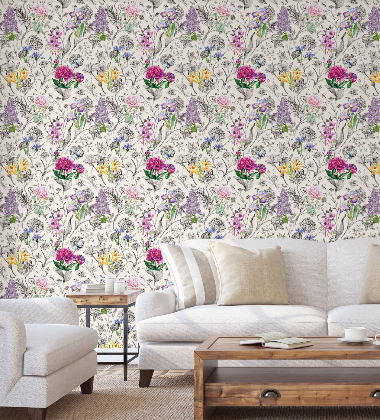 GP5051 Vibrant Flowers on Black and White Premium Paper Peel and Stick Wallpaper Panel, Multicolor