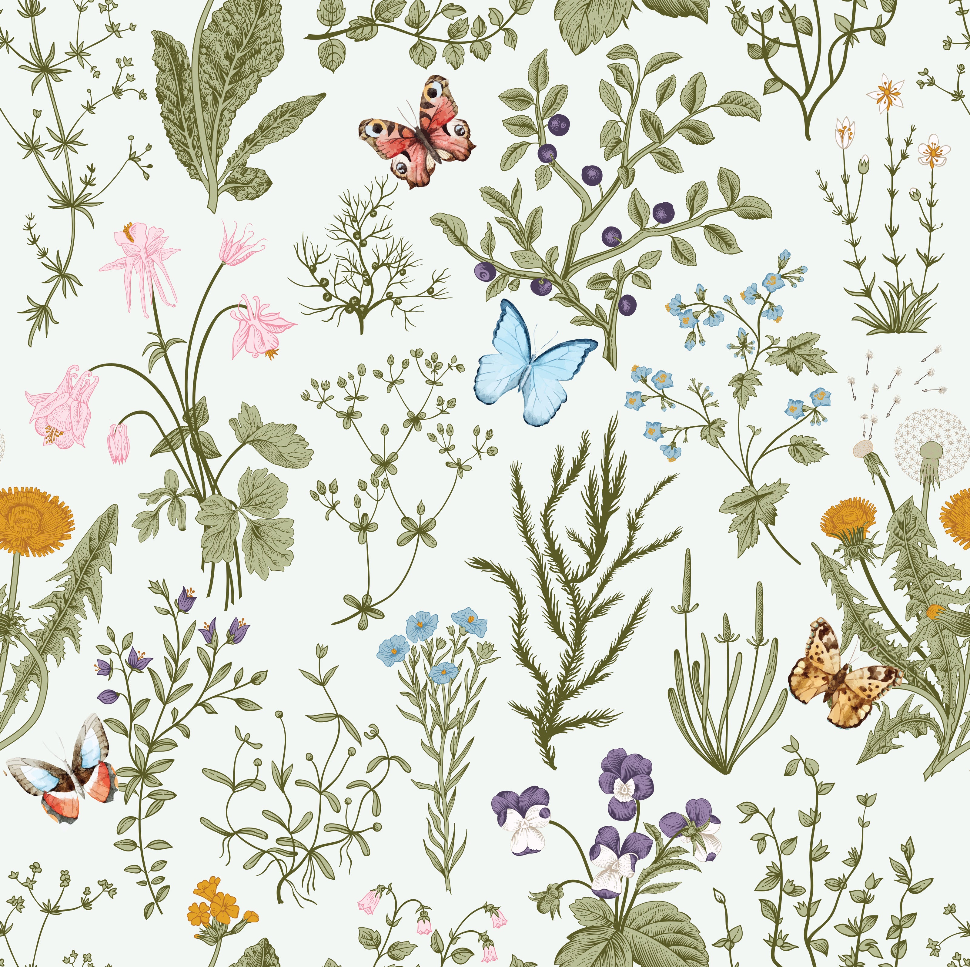 GN5041 Wildflowers and Butterflies Fine Wallpaper Roll size 26 inch Wide x 27 ft. Long, Cream/Green