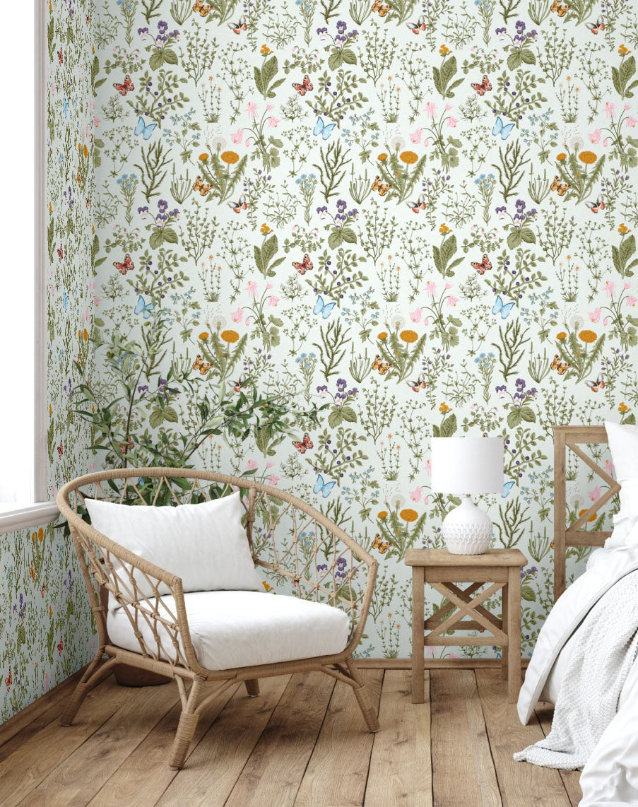 GN5041 Wildflowers and Butterflies Fine Wallpaper Roll size 26 inch Wide x 27 ft. Long, Cream/Green