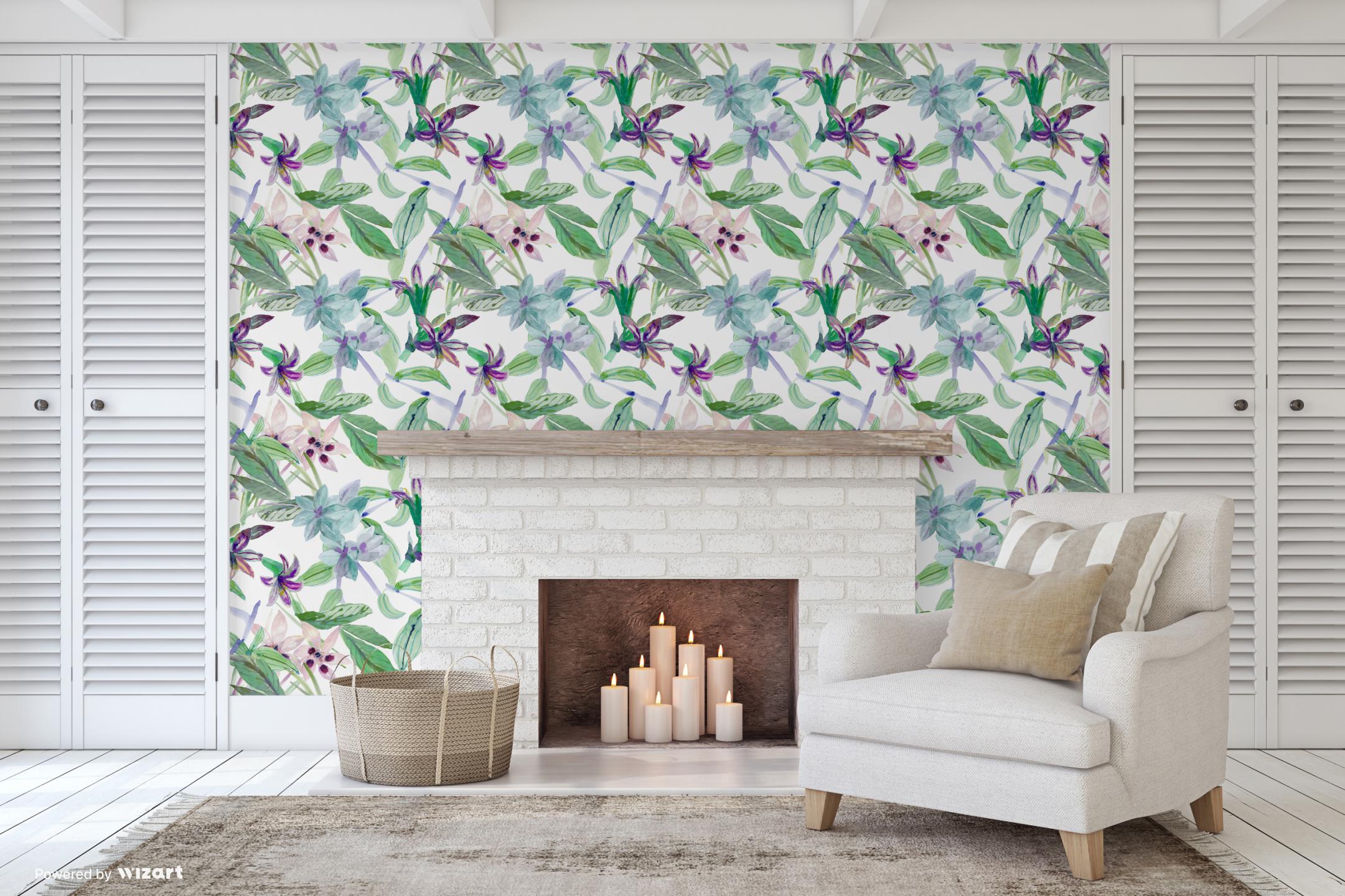 GP1001 Grace & Gardenia - Tropical Watercolor Floral Peel and Stick 6 Ft x 26 In Wallpaper Panel Green/Blue/Purp