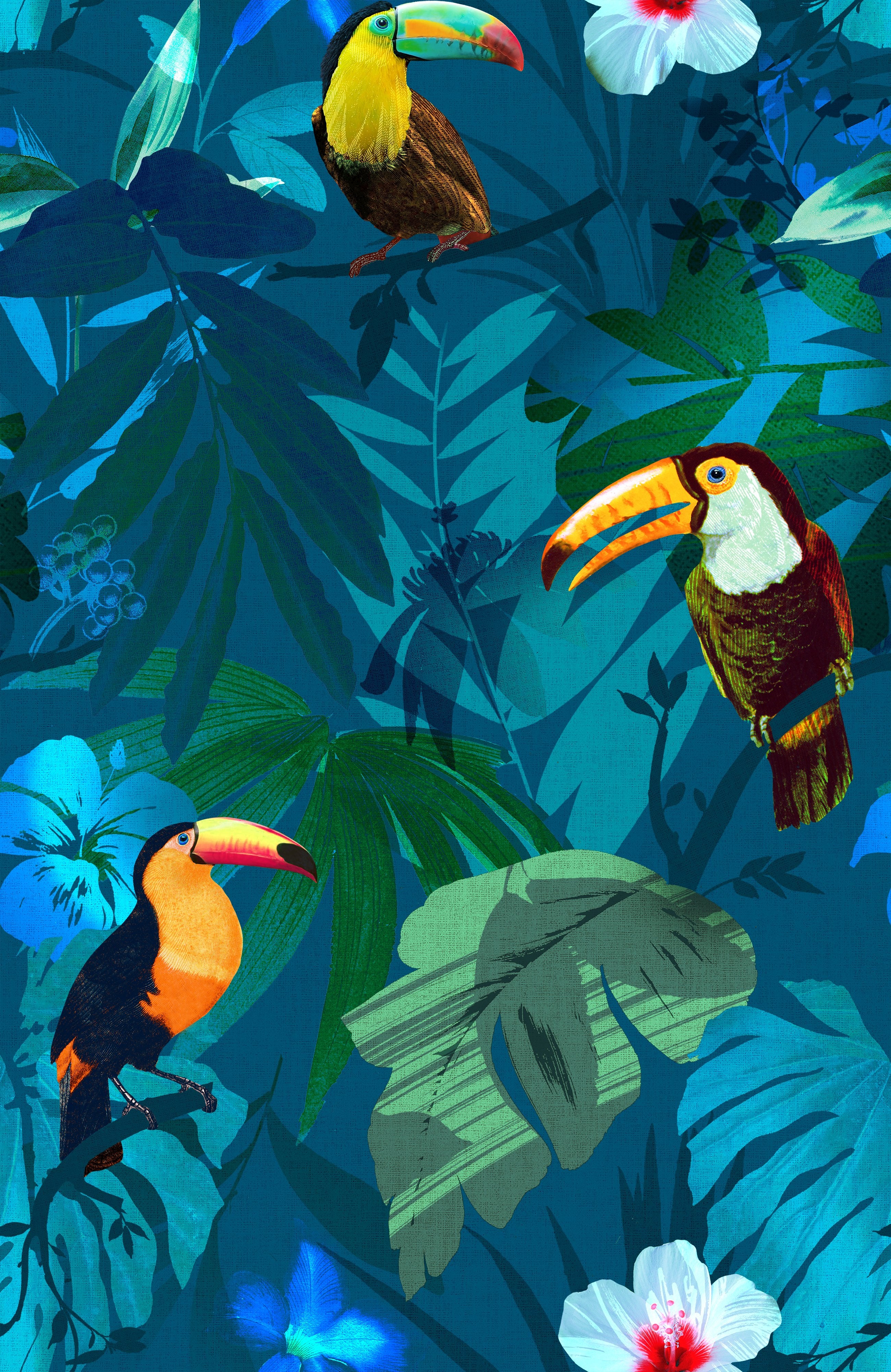 GP1005 Grace & Gardenia Tropical Forest Birds Peel and Stick Vinyl Wallpaper Panel 6 ft H x 26 in w Green Blue