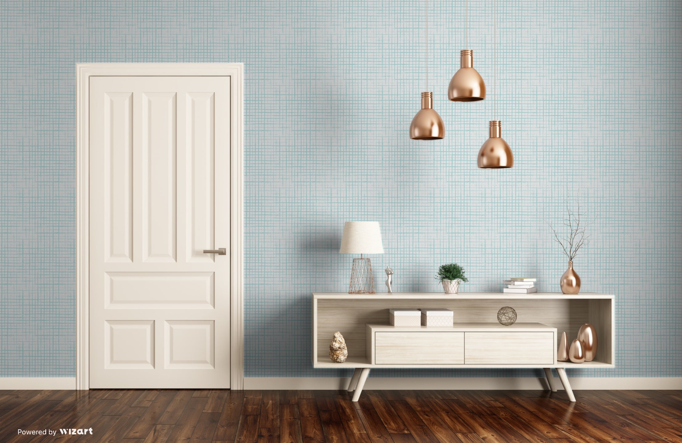 GP1900122 Grace & Gardenia Light Blue Hand Painted Grid on White Premium Peel and Stick Wallpaper Panel 6' High x 26