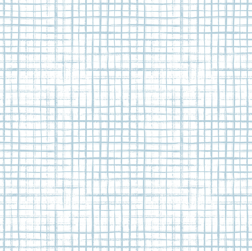 GP1900122 Grace & Gardenia Light Blue Hand Painted Grid on White Premium Peel and Stick Wallpaper Panel 6' High x 26