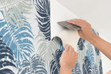 GP1900141 Grace & Gardenia Blue and Gray Leaves on White Premium Peel and Stick Wallpaper Panel 6 Ft High x 26