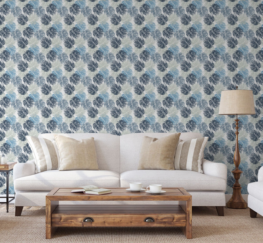 GP1900141 Grace & Gardenia Blue and Gray Leaves on White Premium Peel and Stick Wallpaper Panel 6 Ft High x 26