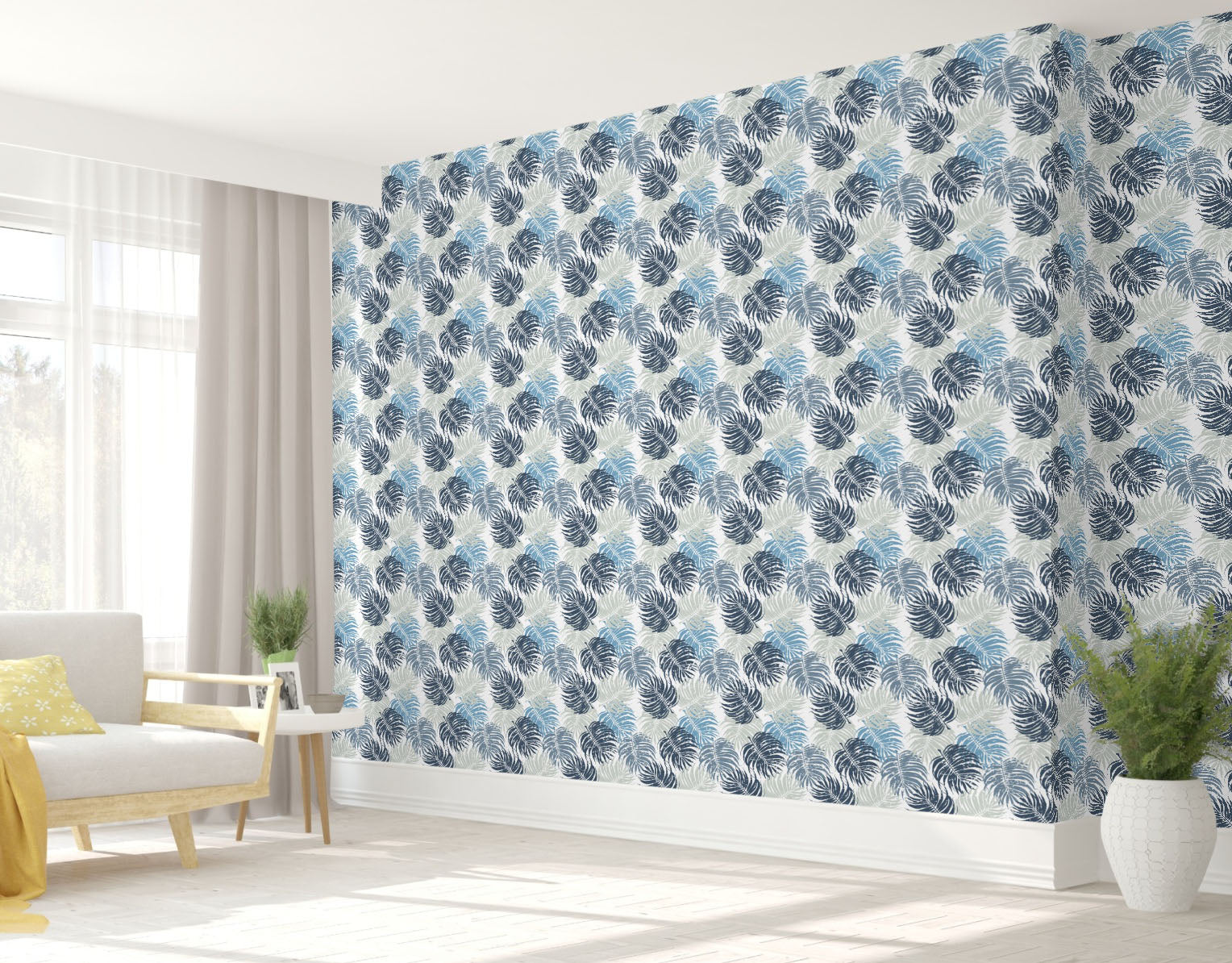 GP1900141 Grace & Gardenia Blue and Gray Leaves on White Premium Peel and Stick Wallpaper Panel 6 Ft High x 26