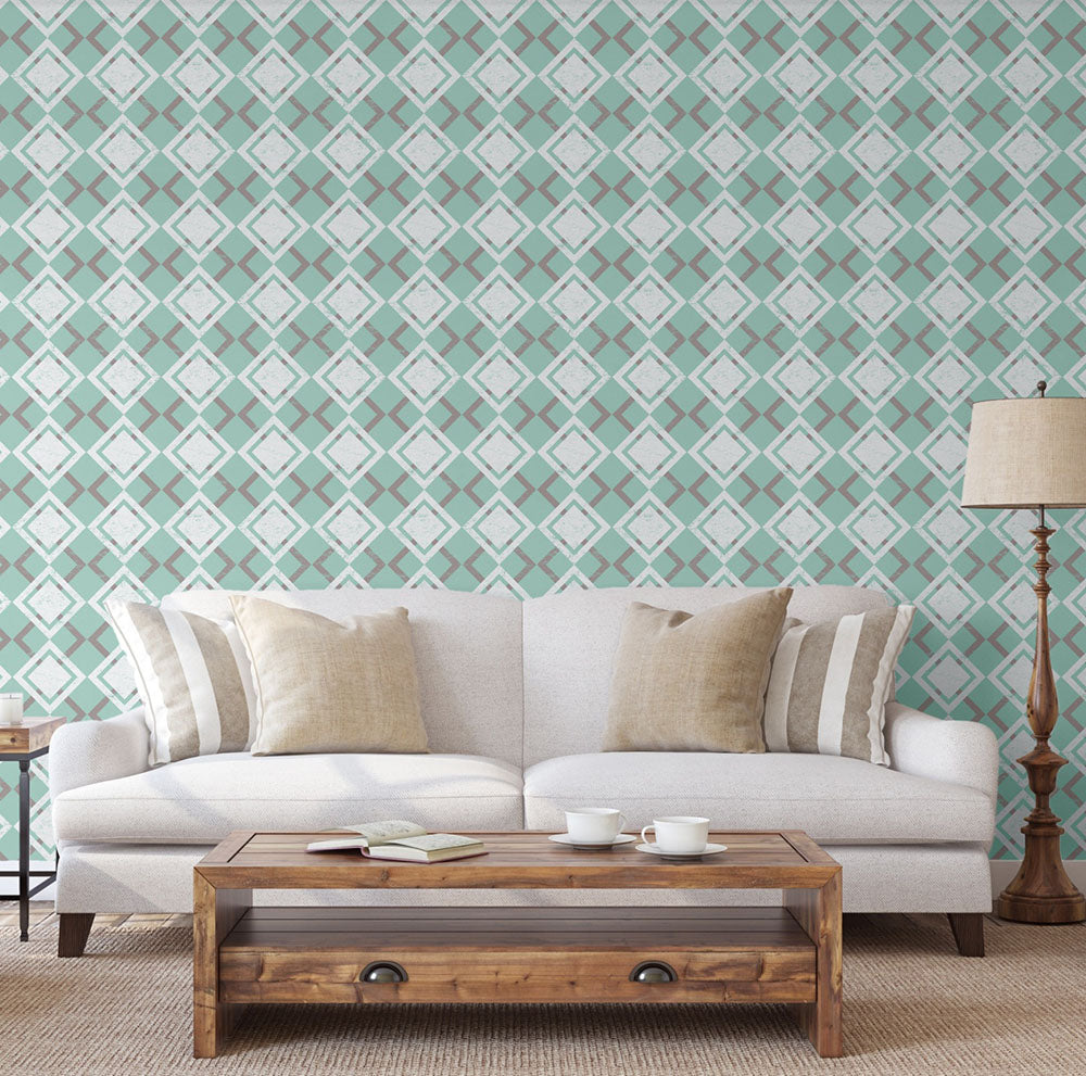 GP190021 Grace & Gardenia - Faded Diamonds on Light Green Premium Peel and Stick Wallpaper Panel 6 Ft High x 26