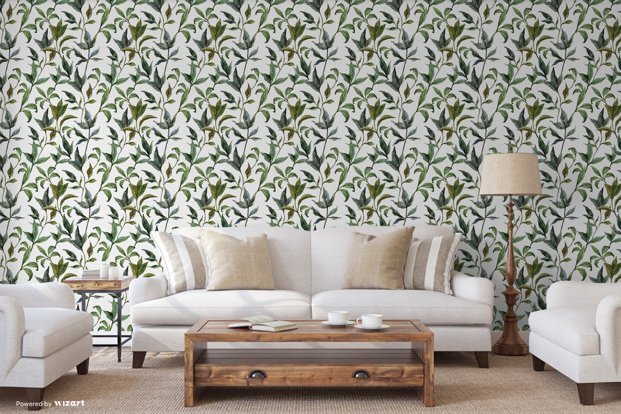 GP1900251 Curling Leaves on White Premium Peel and Stick  6 Ft High x 26 Wide Wallpaper Panel