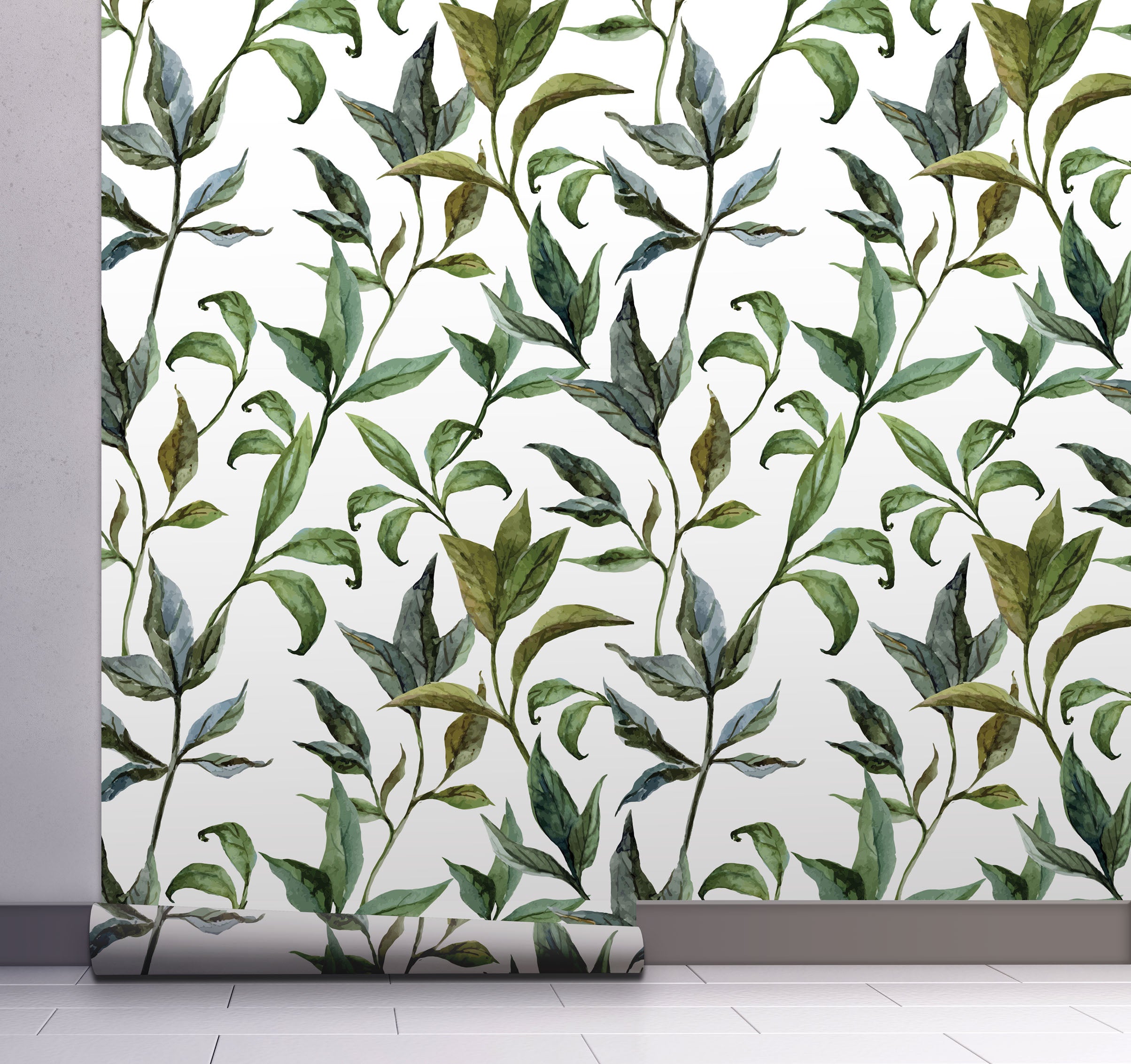 GP1900231 Curling Leaves Peel and Stick Wallpaper Roll 20.5 inch Wide x 18 ft. Long, Green/White