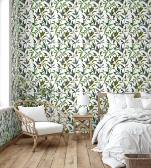 GP1900231 Curling Leaves Peel and Stick Wallpaper Roll 19 inch Wide x 18 ft. Long, Green White