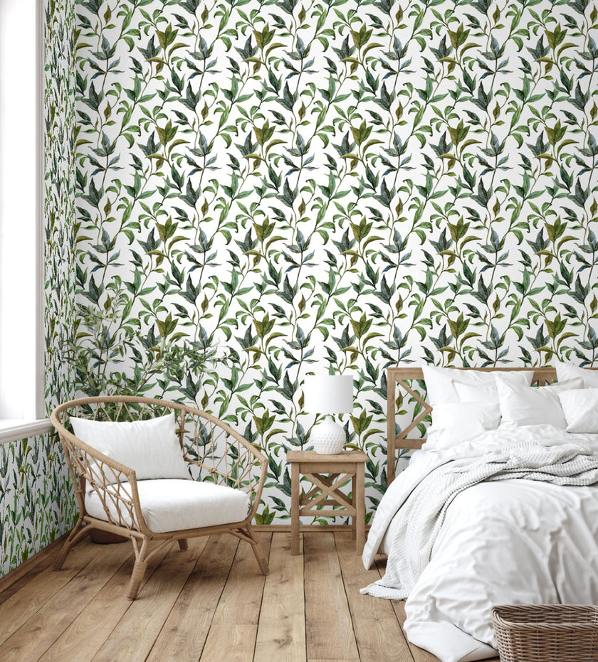 GP1900231 Curling Leaves Peel and Stick Wallpaper Roll 19 inch Wide x 18 ft. Long, Green White