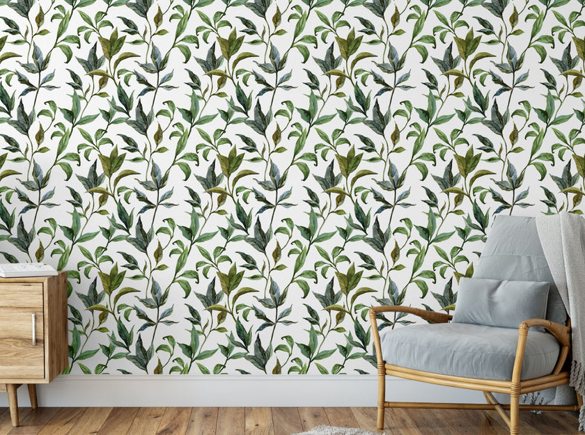 GP1900231 Curling Leaves Peel and Stick Wallpaper Roll 19 inch Wide x 18 ft. Long, Green White