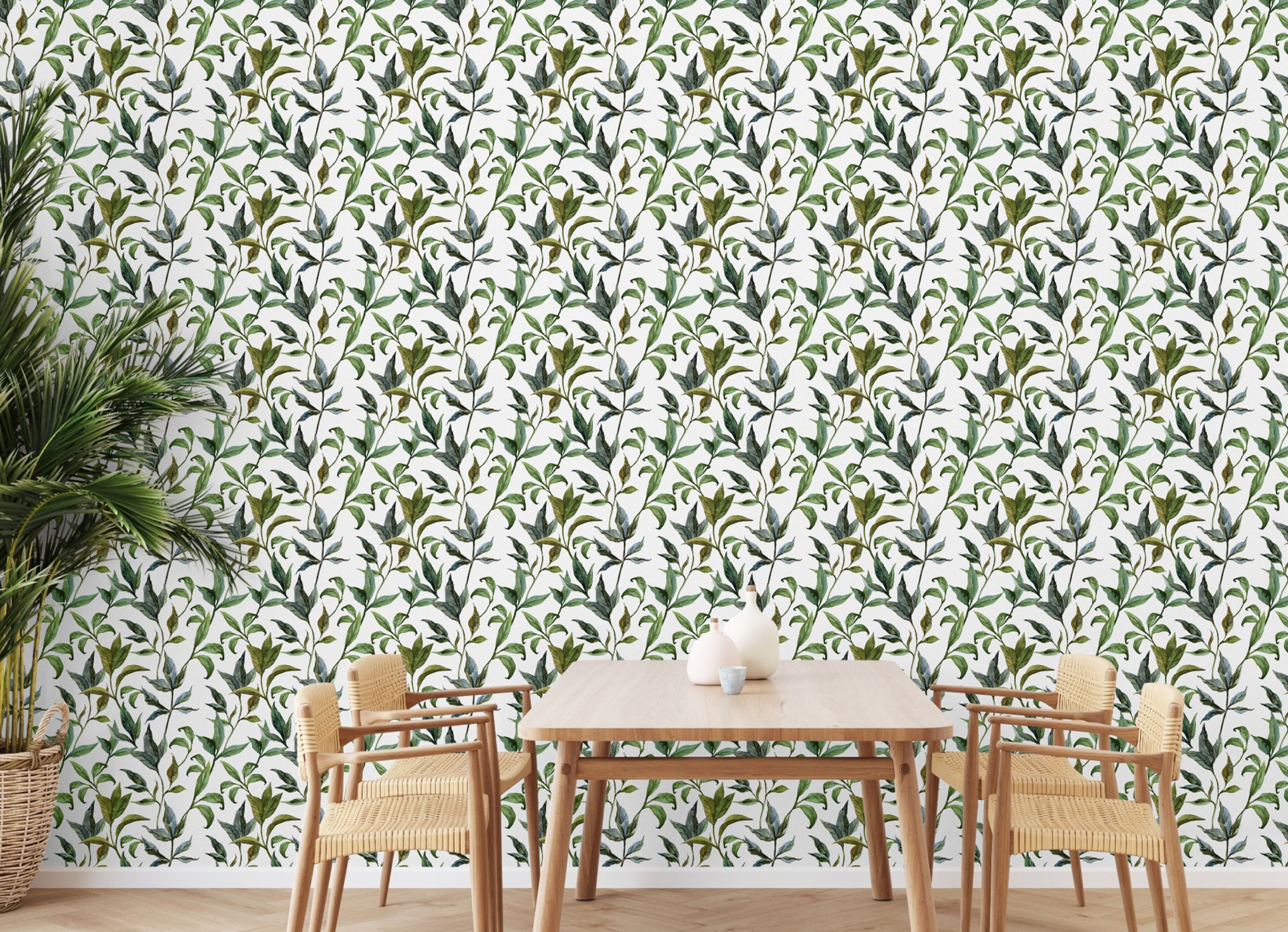 GP1900231 Curling Leaves Peel and Stick Wallpaper Roll 20.5 inch Wide x 18 ft. Long, Green/White