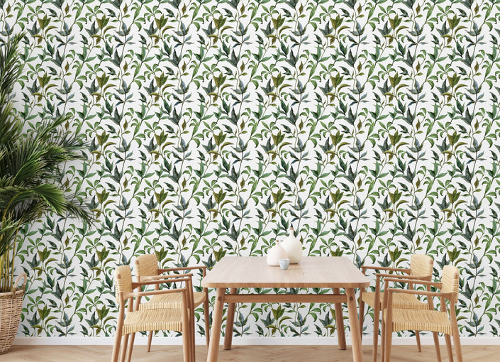GP1900231 Curling Leaves Peel and Stick Wallpaper Roll 19 inch Wide x 18 ft. Long, Green White