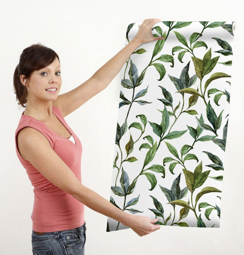 GP1900231 Curling Leaves Peel and Stick Wallpaper Roll 19 inch Wide x 18 ft. Long, Green White