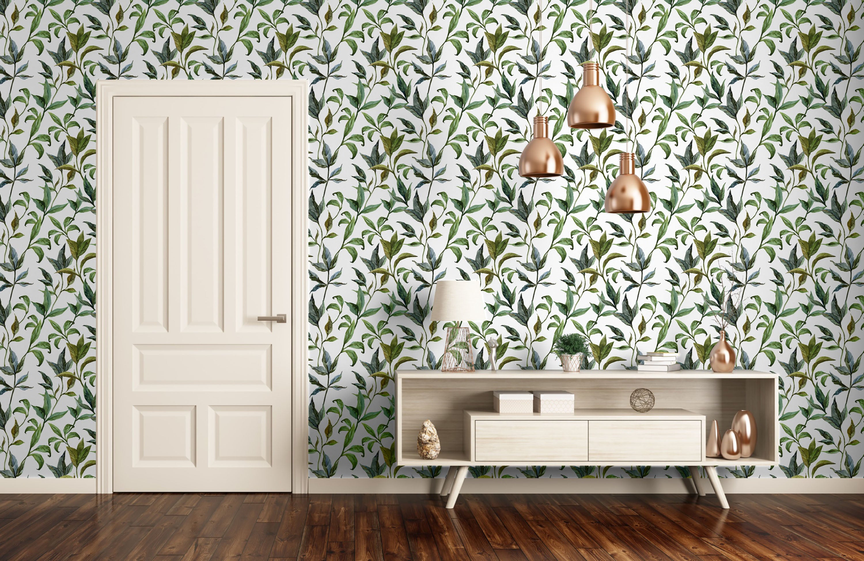 GP1900231 Curling Leaves Peel and Stick Wallpaper Roll 20.5 inch Wide x 18 ft. Long, Green/White