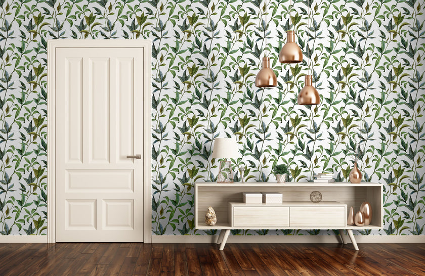 GP1900231 Curling Leaves Peel and Stick Wallpaper Roll 19 inch Wide x 18 ft. Long, Green White
