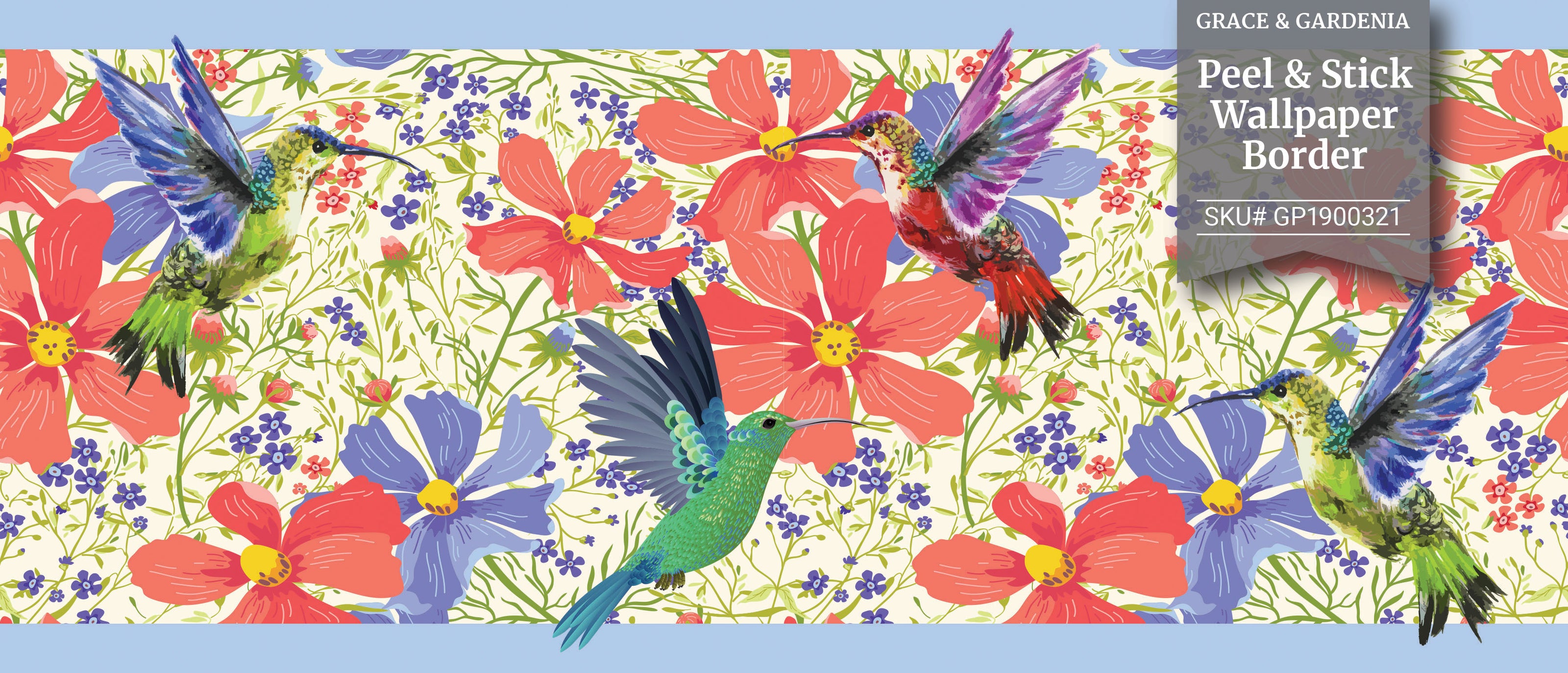 GP1900321g8 Hummingbird Garden Premium Peel and Stick Wallpaper Border 8