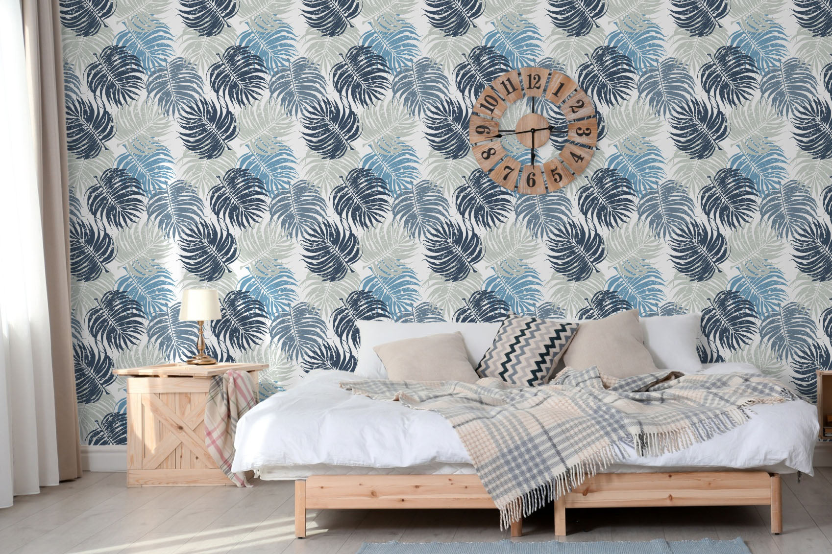 GP1900144 Large Blue Leaves on White Premium Peel and Stick Wallpaper Panel 6 Ft High x 26