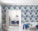 GP1900143 Solid Large Blue Leaves on White Premium Peel and Stick Wallpaper Panel 6 Ft High x 26