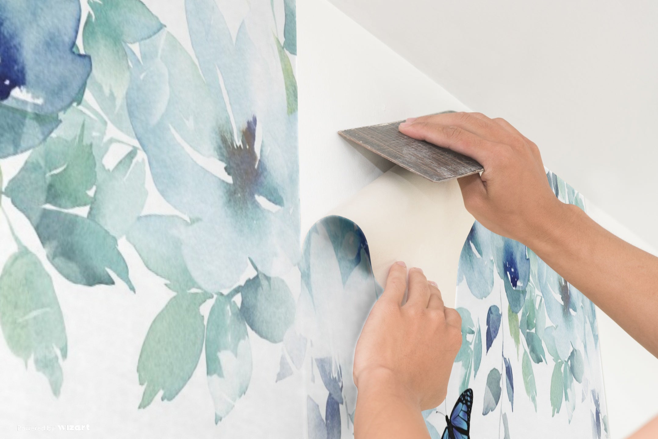 GP3011P6 Grace & Gardenia Peel and Stick Premium Wallpaper Panel 9 Ft High 26 in wide Watercolor Floral Butterfly Blue Green Luxury PVC-free self-adhesive Paper with slightly textured matte finish