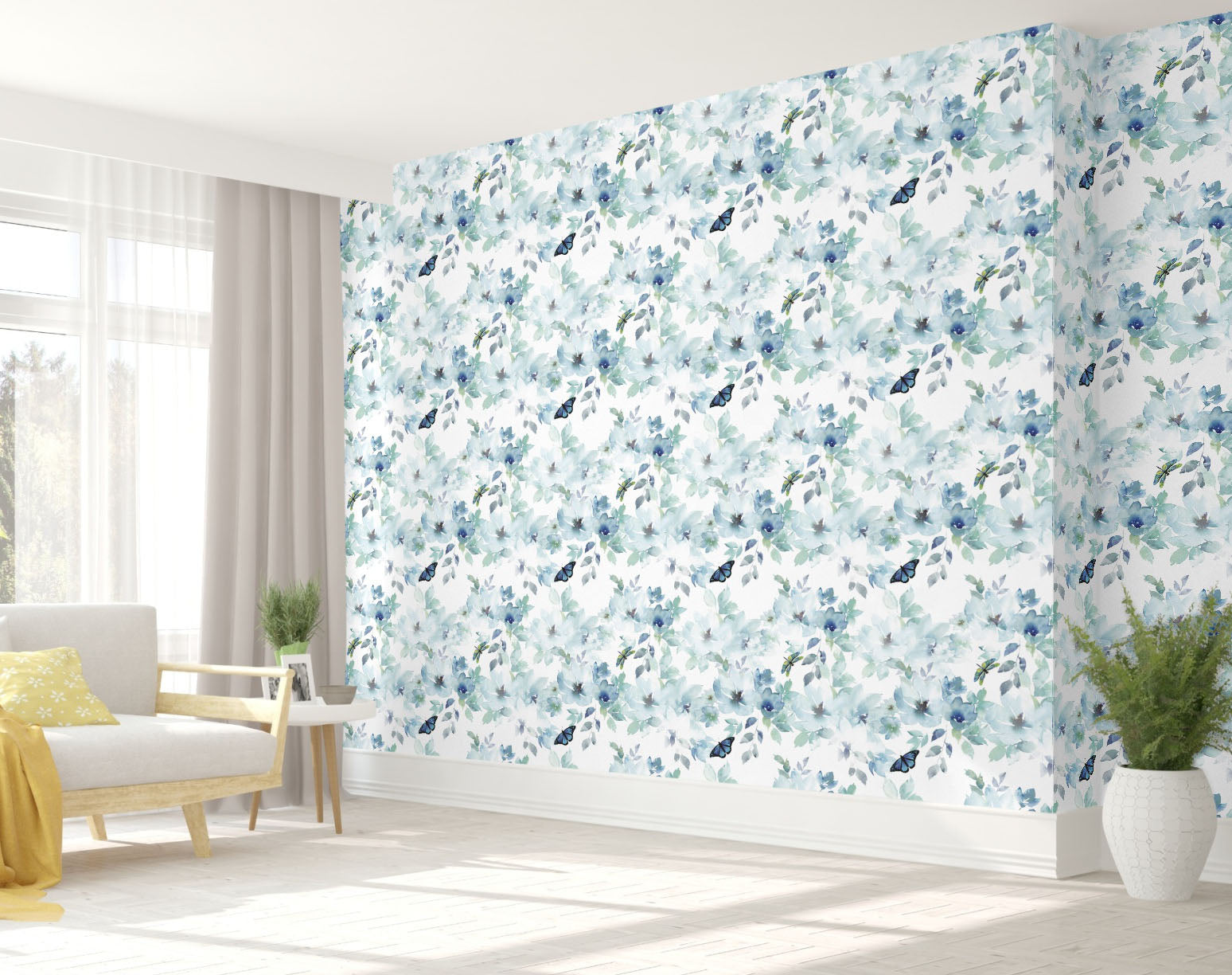 GP3011P6 Grace & Gardenia Peel and Stick Premium Wallpaper Panel 9 Ft High 26 in wide Watercolor Floral Butterfly Blue Green Luxury PVC-free self-adhesive Paper with slightly textured matte finish