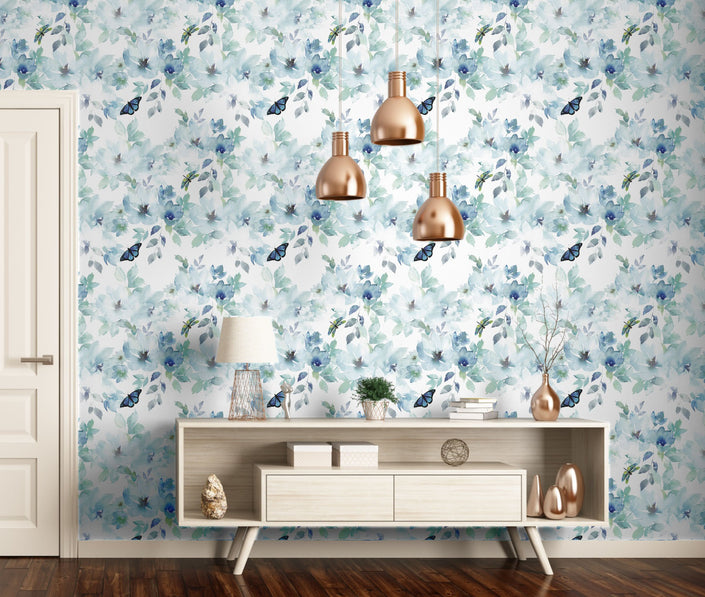 GP3011P6 Grace & Gardenia Peel and Stick Premium Wallpaper Panel 9 Ft High 26 in wide Watercolor Floral Butterfly Blue Green Luxury PVC-free self-adhesive Paper with slightly textured matte finish