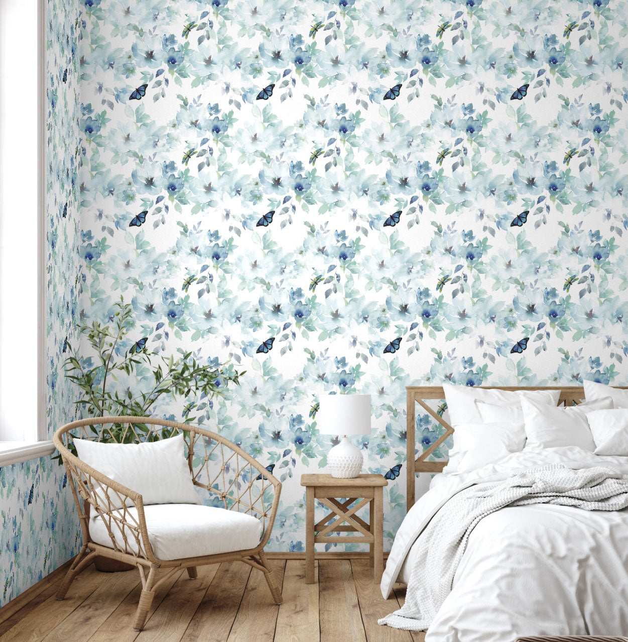 GP3011P6 Grace & Gardenia Peel and Stick Premium Wallpaper Panel 9 Ft High 26 in wide Watercolor Floral Butterfly Blue Green Luxury PVC-free self-adhesive Paper with slightly textured matte finish