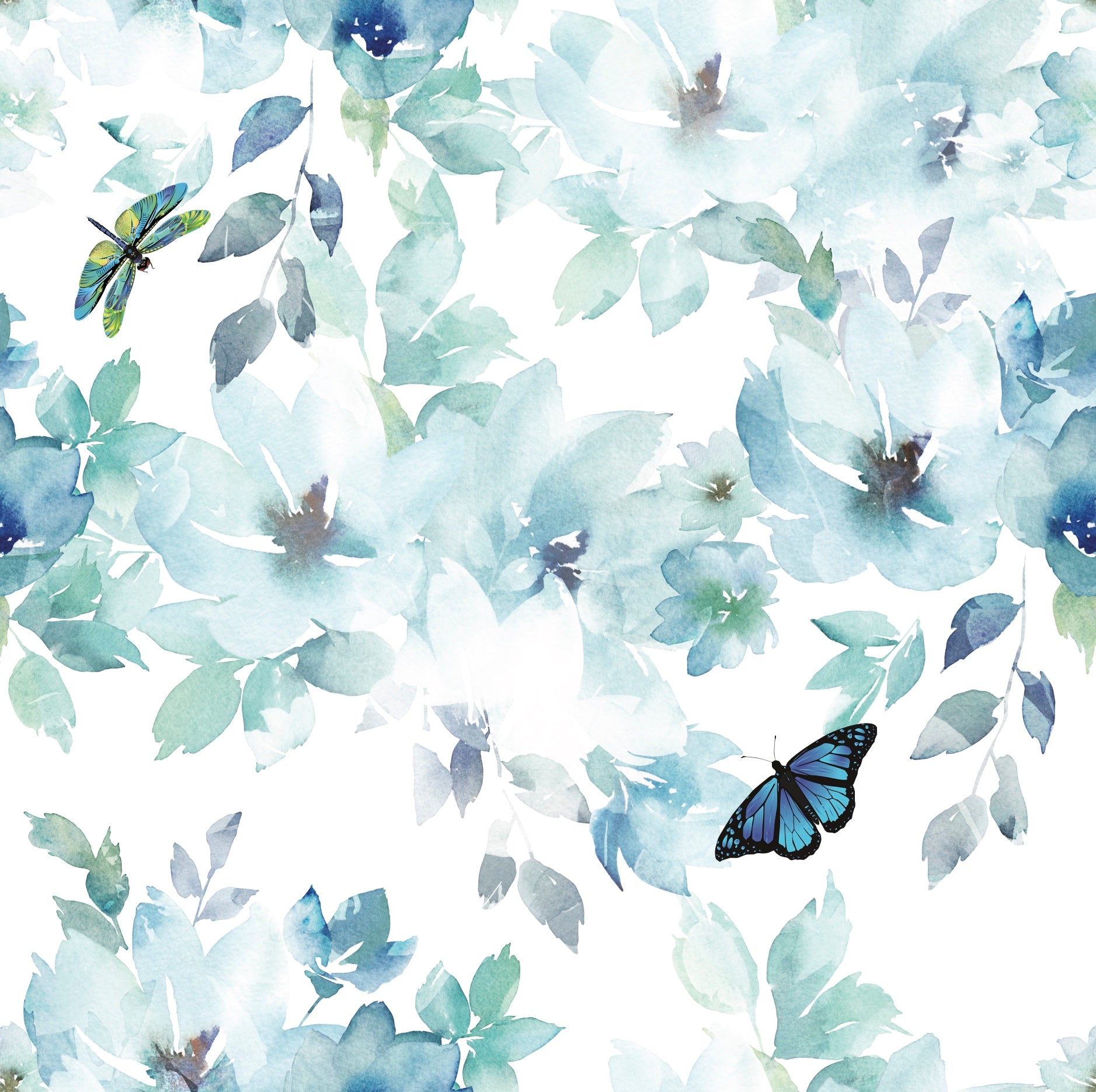 GP3011P6 Grace & Gardenia Peel and Stick Premium Wallpaper Panel 9 Ft High 26 in wide Watercolor Floral Butterfly Blue Green Luxury PVC-free self-adhesive Paper with slightly textured matte finish