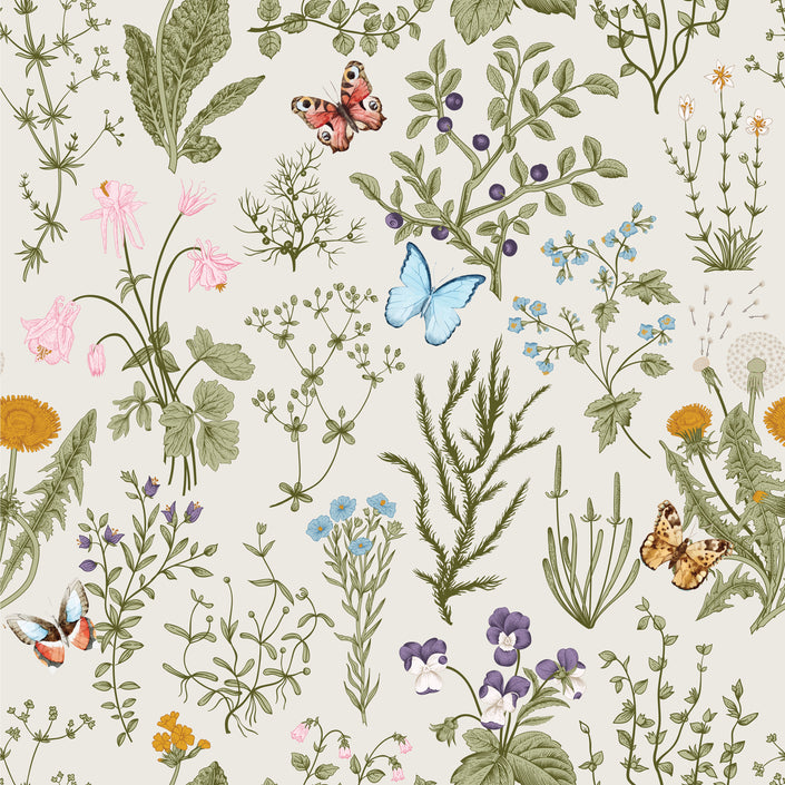 GP5031 Grace & Gardenia  Wildflowers and Butterflies Premium Textured Paper Peel and Stick Wallpaper Panel SAMPLE Cream / Green / Blue / Pink